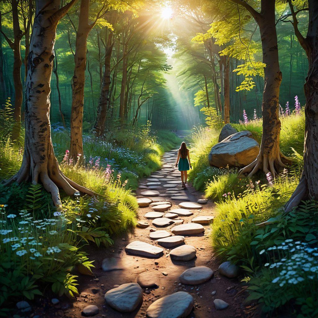 A serene path winding through a lush, green forest, illuminated by soft, golden sunlight filtering through the leaves. Along the path, symbols of affection like heart-shaped stones and wildflowers bloom, representing love and devotion. A figure stands at the end of the path, contemplating a mirror that reflects their true self, symbolizing self-discovery. The overall mood is tranquil and inviting, with a touch of magic. super-realistic. vibrant colors. soft focus.