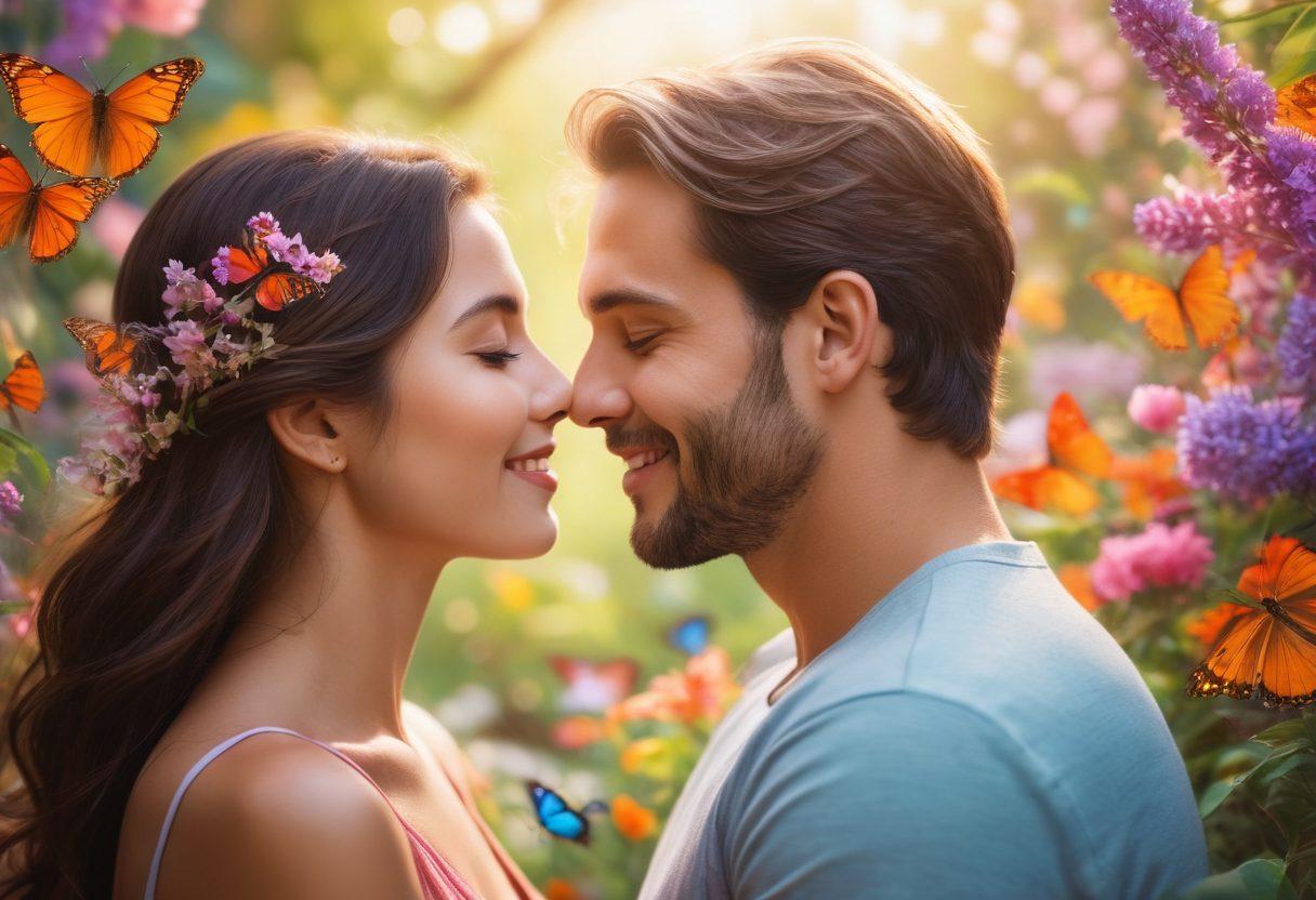 A serene scene depicting two diverse individuals embracing each other, surrounded by blooming flowers symbolizing compassion. Soft, warm light illuminates their faces, highlighting genuine smiles and connection. In the background, a peaceful landscape reflects harmony and love, with butterflies fluttering around. Captured in a vibrant, soft-focus style. super-realistic. vibrant colors.