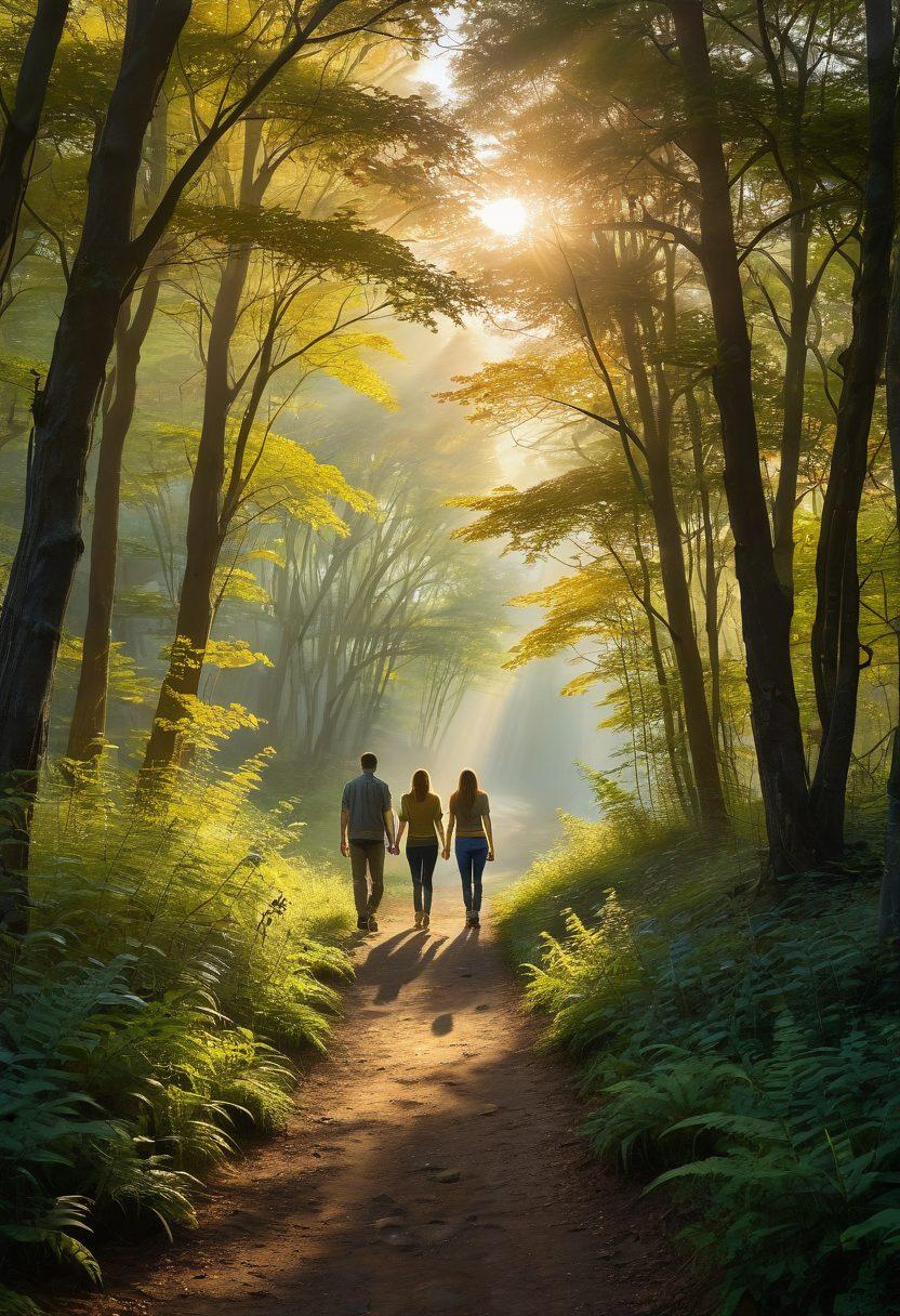 A serene landscape depicting a winding path through a lush forest leading towards a radiant light in the distance. Two figures, a man and a woman, stand hand-in-hand, symbolizing connection and growth as they approach the light. Soft, ethereal mist surrounds them, suggesting a journey of self-discovery. The colors are warm and inviting, with golden hues illuminating the scene. surrealism. vibrant colors.